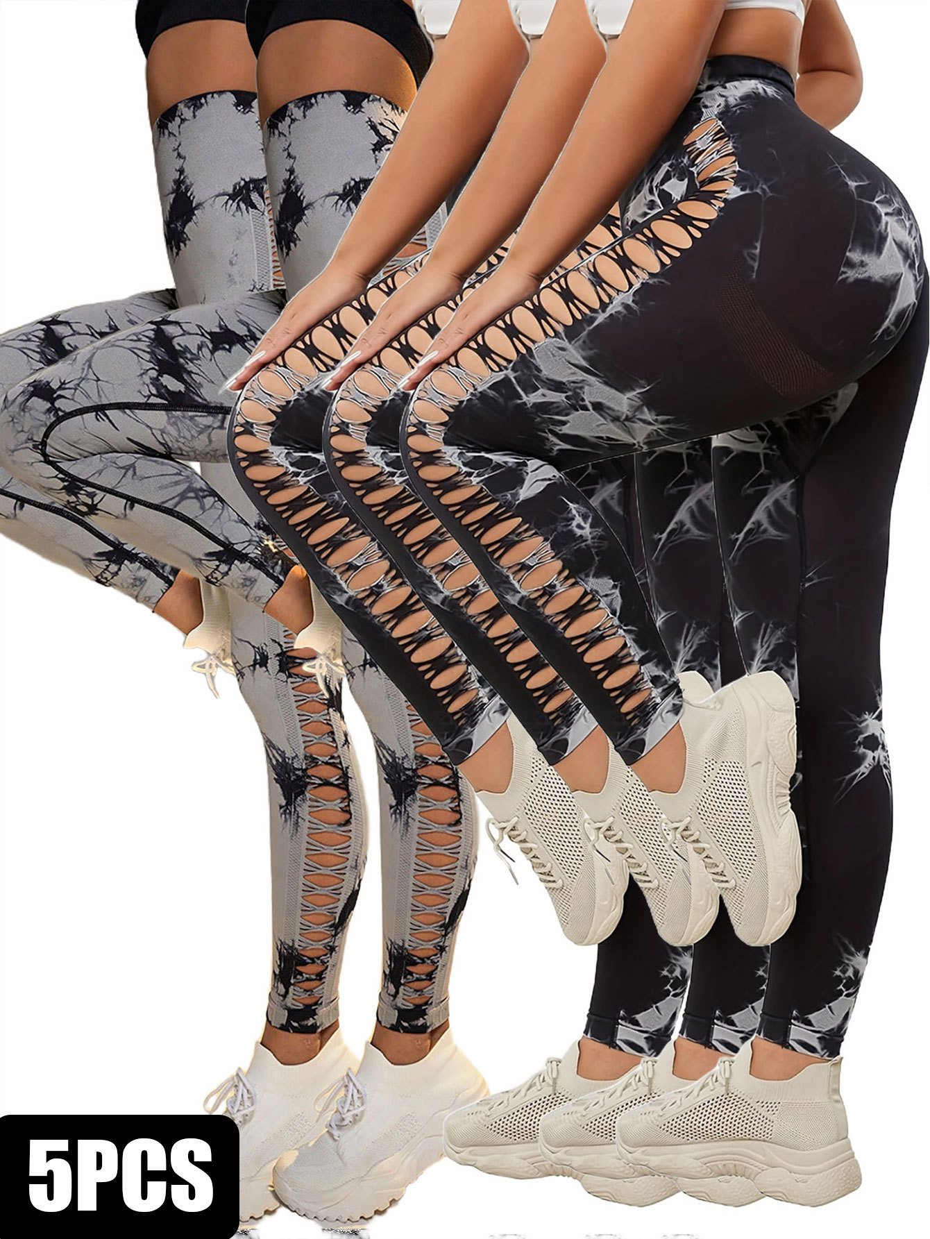 baf14c46-4a77-46ad-bae5-77ecd98c34e8.jpg 5 Pack Women's Tie-Dye Cutout Yoga Pants High-Waisted Leggings Women's Tie-Dye Leggings,, Leggings Women High Waisted Seamless Workout Leggings Gym Booty Tights Tummy Control Yoga Pants - Image 1