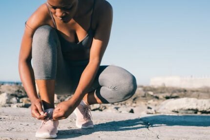 A woman in activewear tying her sneakers outdoors, ready for a fitness run.